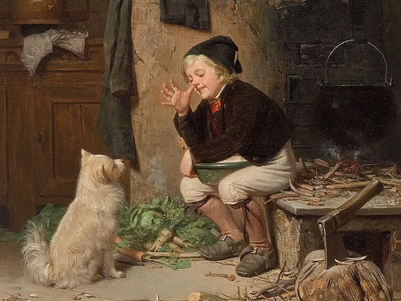 1836-Fritz Sonderland - Interno di cucina con ragazzo e cane